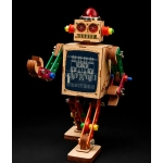 Industrial robot art object with piston engine artwork made from laser-cut plywood and vintage construction toy parts