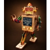 Retro robot design object with space explorer artwork made from laser-cut plywood and vintage Dutch construction toy parts