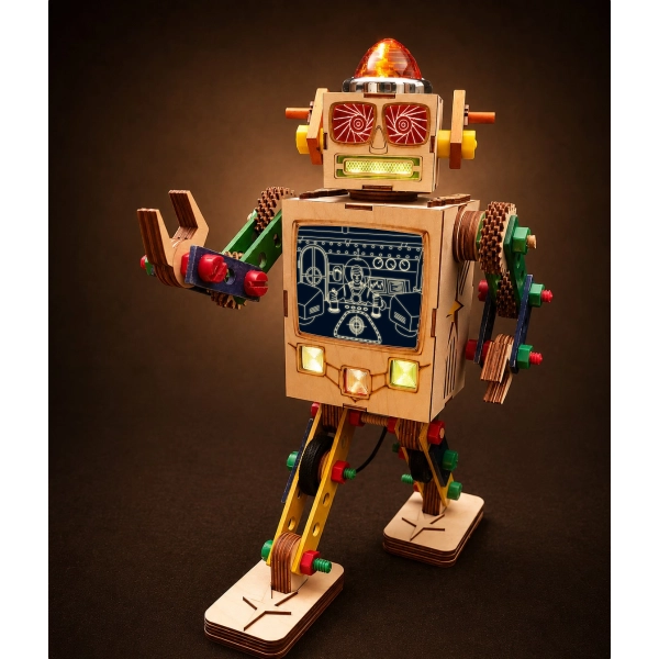 Retro robot design object with space explorer artwork made from laser-cut plywood and vintage Dutch construction toy parts