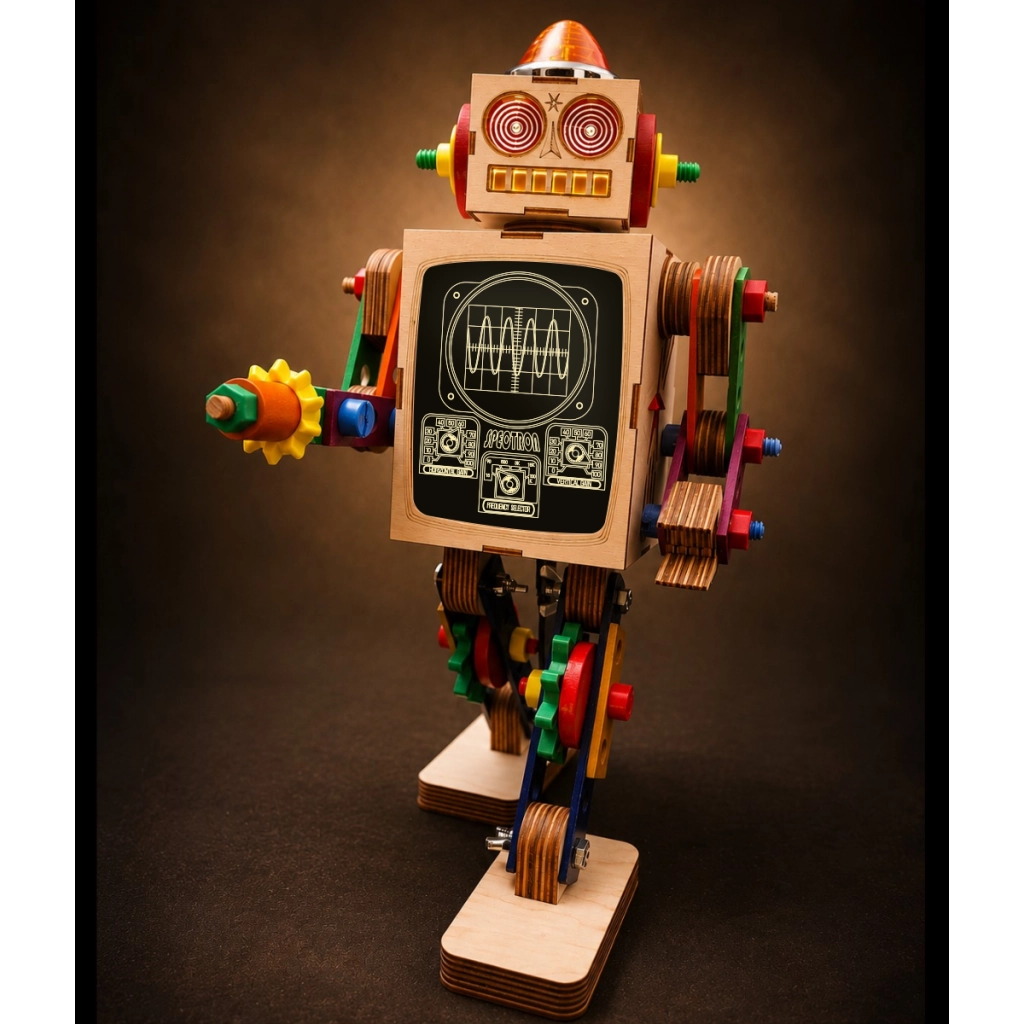 Retro futuristic robot sculpture made from laser-cut birch plywood and vintage Dutch construction toy parts by Kootje Boef
