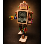 Retro futuristic robot sculpture made from laser-cut birch plywood and vintage Dutch construction toy parts by Kootje Boef