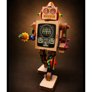 Retro futuristic robot sculpture made from laser-cut birch plywood and vintage Dutch construction toy parts by Kootje Boef