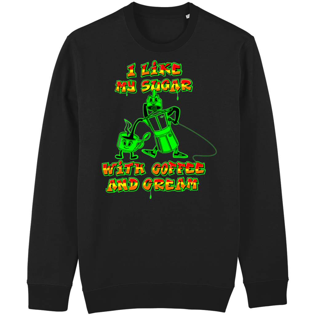 Coffee and Cream graphic sweater with dancing moka pot robot and retro hip hop inspired artwork in relaxed unisex fit