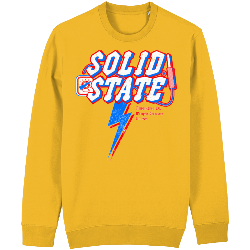 Solid State graphic sweater inspired by vintage amplifier culture and classic rock aesthetics in relaxed unisex fit