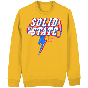 Solid State graphic sweater inspired by vintage amplifier culture and classic rock aesthetics in relaxed unisex fit