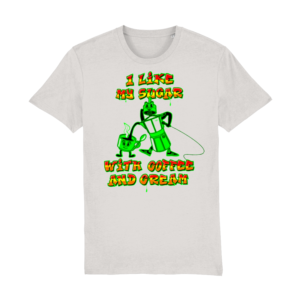 Coffee and Cream Beastie Boys inspired graphic t-shirt with moka pot and coffee cup illustration in organic cotton unisex fit