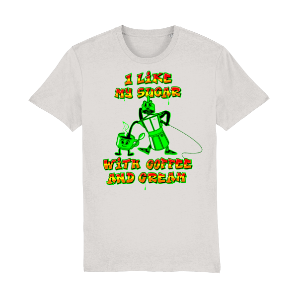 Coffee and Cream Beastie Boys inspired graphic t-shirt with moka pot and coffee cup illustration in organic cotton unisex fit