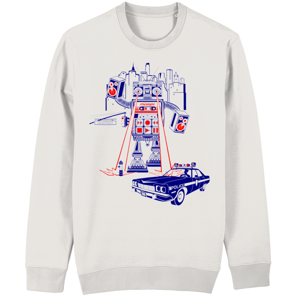 Retro robot graphic sweater inspired by boombox culture and vintage hip hop aesthetics in relaxed unisex fit