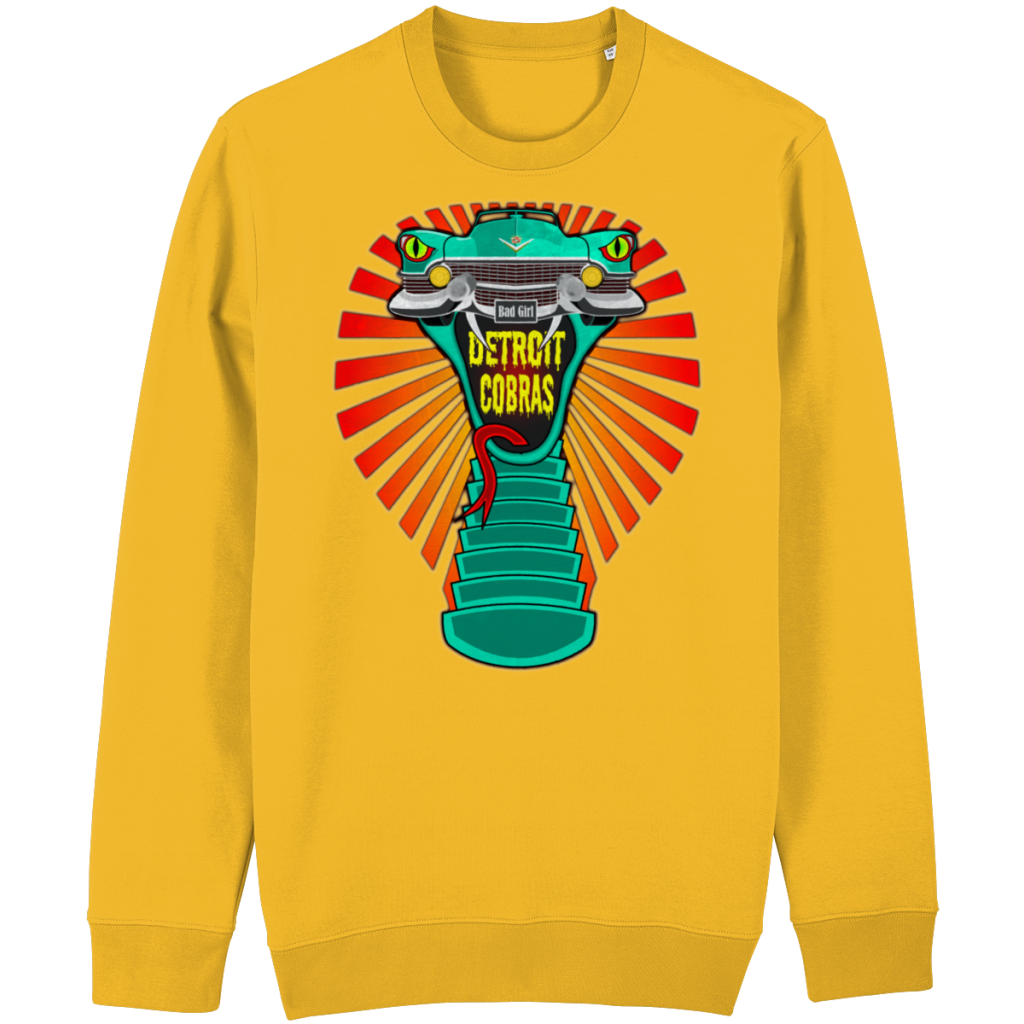 Detroit Cobras inspired graphic sweater with cobra muscle car design in relaxed unisex fit