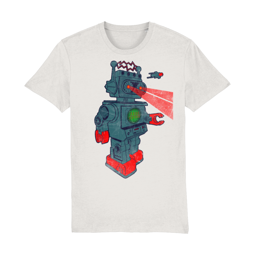 Retro robot graphic t-shirt with vintage sci-fi toy illustration in organic cotton unisex fit