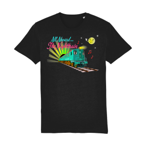 Nighttrain graphic t-shirt with vintage train illustration in organic cotton unisex fit.