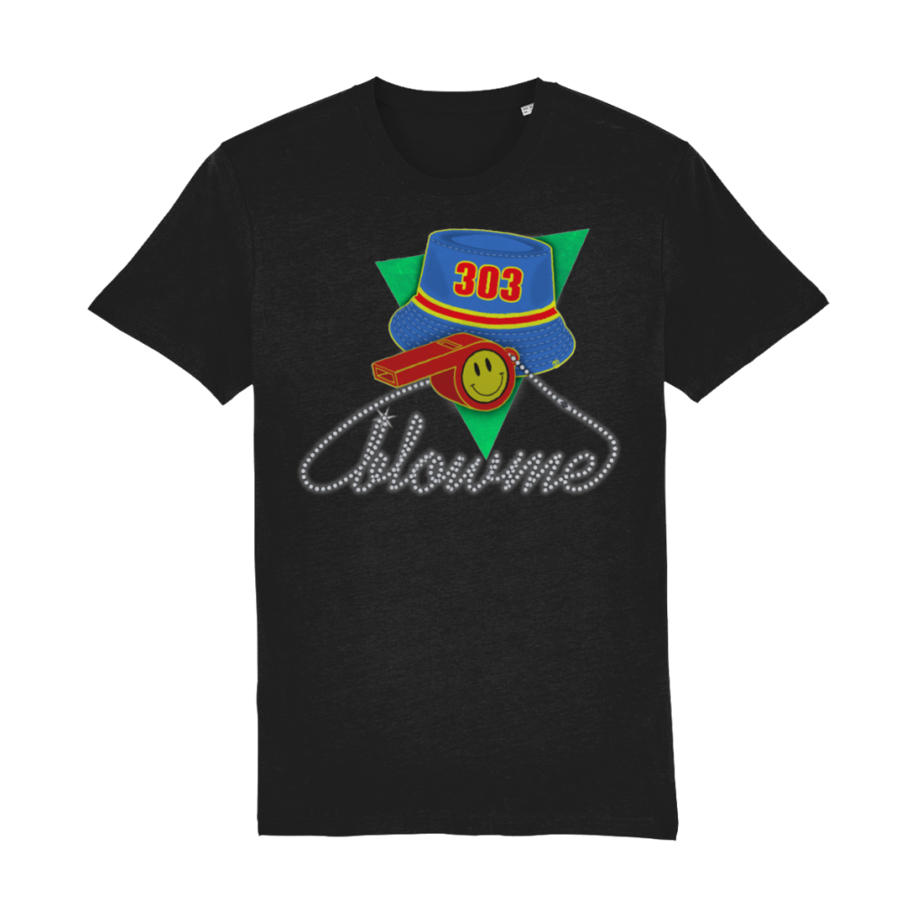 90s house rave graphic t-shirt with 303 bucket hat and whistle design in organic cotton unisex fit