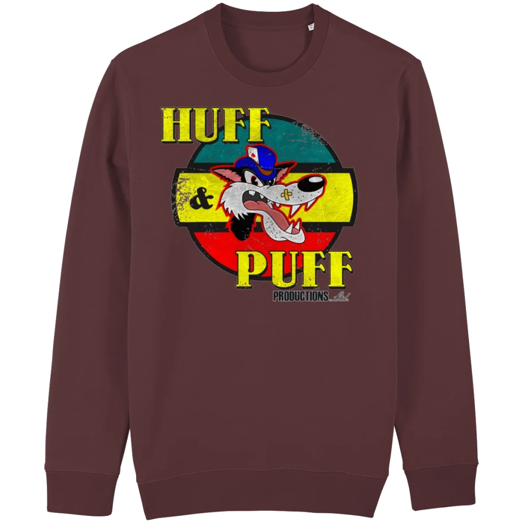 Big Bad Wolf graphic sweater with retro cartoon wolf illustration in relaxed unisex fit