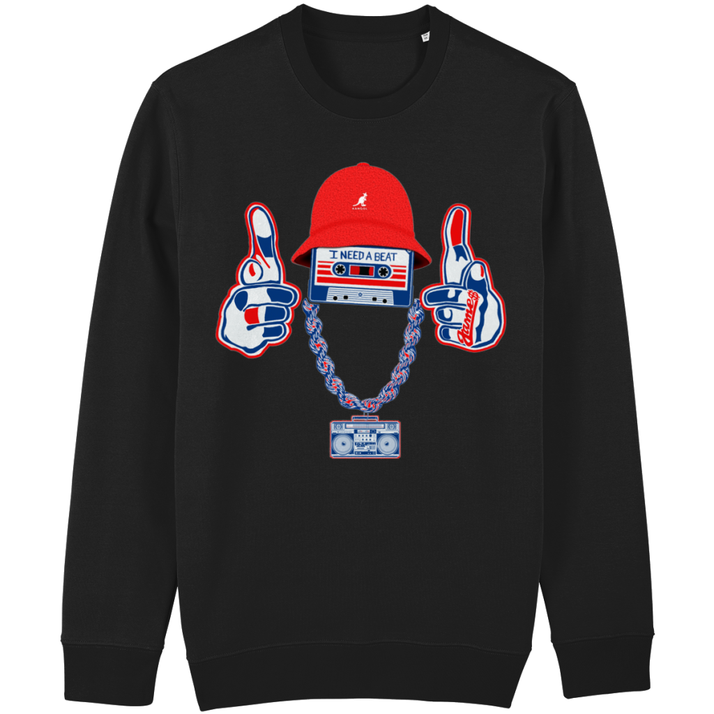LL Cool J inspired graphic sweater with cassette tape and boombox design in relaxed unisex fit