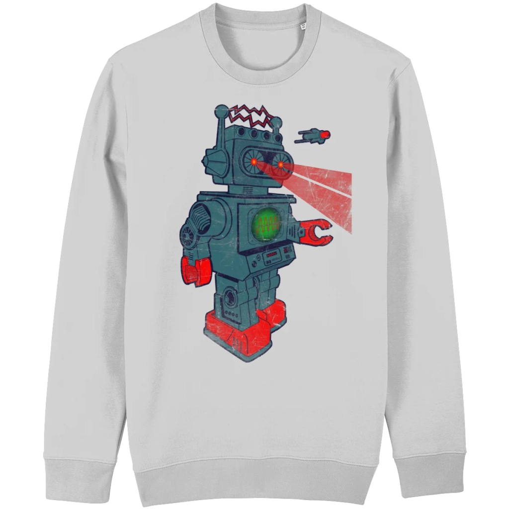 Retro robot graphic sweater with vintage sci-fi toy illustration in relaxed unisex fit