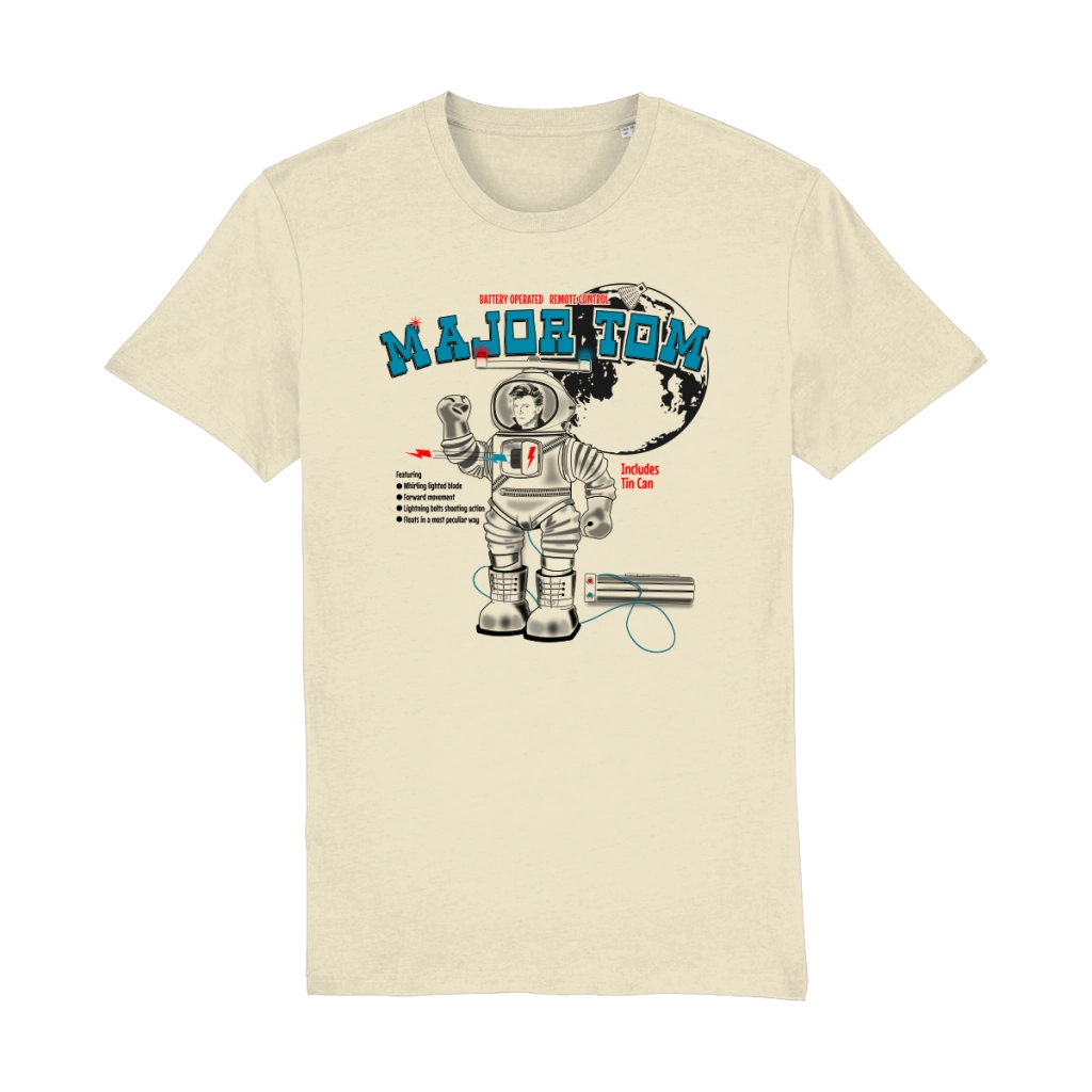 David Bowie graphic t-shirt with vintage toy robot inspired by Space Oddity in organic cotton unisex fit
