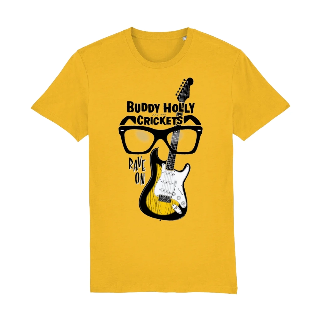 Buddy Holly Rave On t-shirt with glasses and Fender Stratocaster design