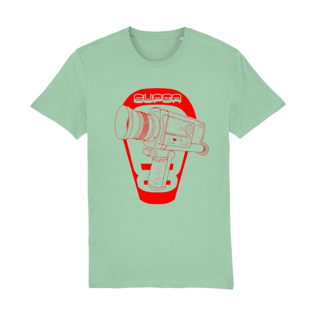Super 8 camera t-shirt with Minolta Autopak-8 D6 inspired graphic on organic cotton unisex tee