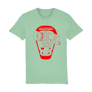 Super 8 camera t-shirt with Minolta Autopak-8 D6 inspired graphic on organic cotton unisex tee