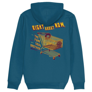 Deep teal Fatboy Slim inspired hoodie with Funk Soul Brother shopping cart vinyl graphic on back in relaxed unisex fit