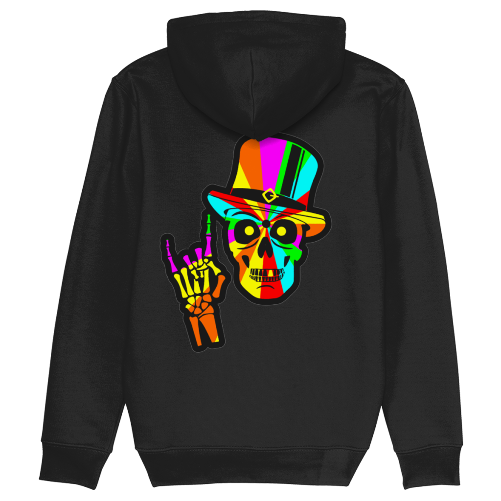 Rock Skull graphic hoodie with colorful skull artwork and rock hand sign on organic cotton hoodie