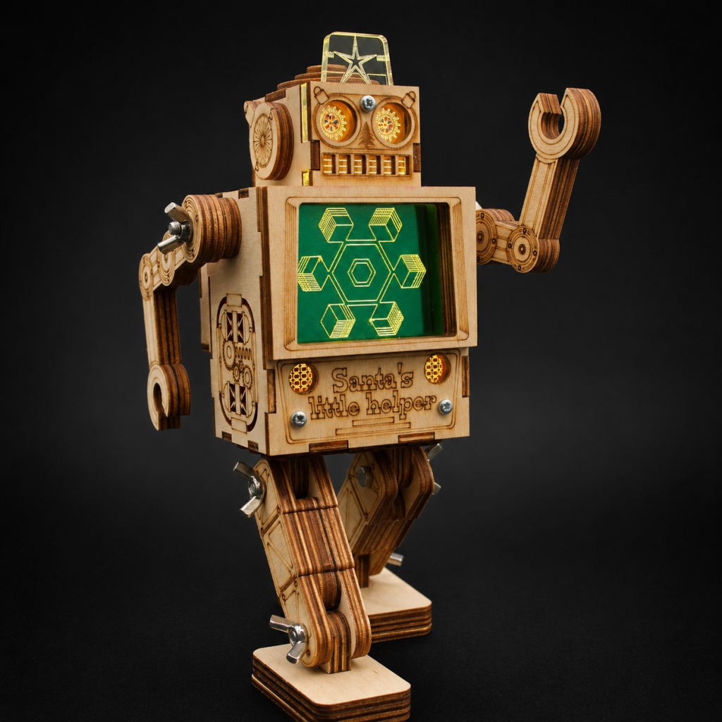 ingletron Christmas mini robot design object by Kootje Boef with snowflake display, LED lighting and re-recordable sound module.