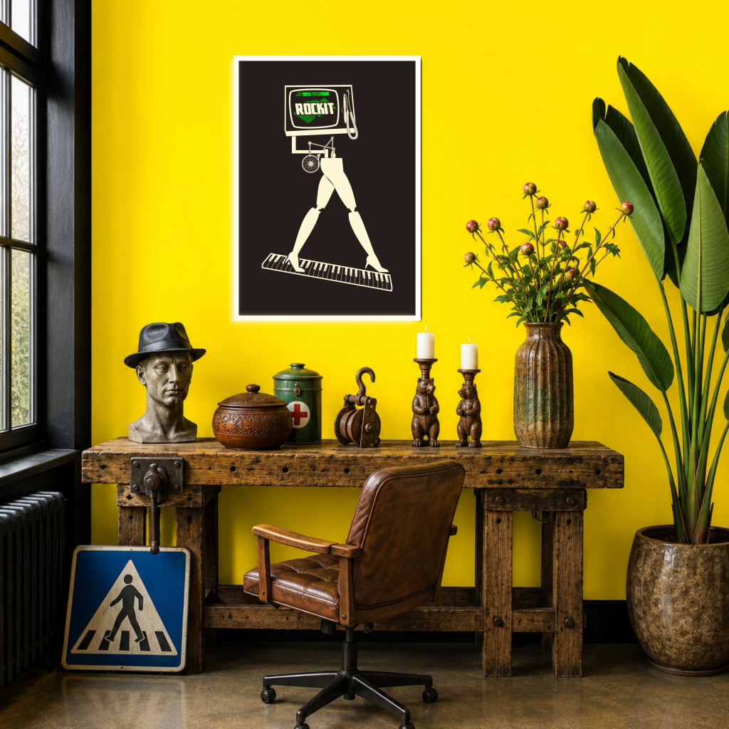 Retro futuristic electronic music poster featuring vintage computer monitor and keyboard design displayed in a modern interior