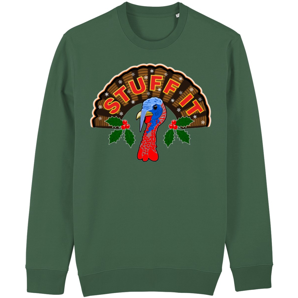 Stuff It Christmas sweater with funny turkey graphic and cheeky ugly sweater style in relaxed unisex fit