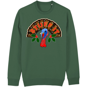 Stuff It Christmas sweater with funny turkey graphic and cheeky ugly sweater style in relaxed unisex fit