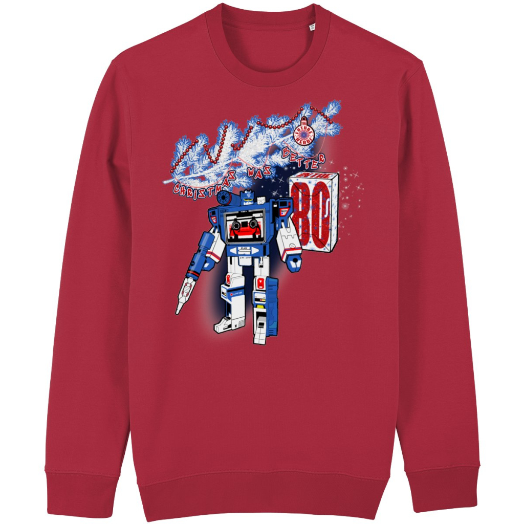 Red Christmas sweater with retro robot toy graphic and Christmas Was Better in the 80’s design in relaxed unisex fit