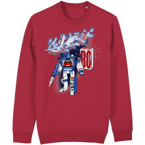 Red Christmas sweater with retro robot toy graphic and Christmas Was Better in the 80’s design in relaxed unisex fit