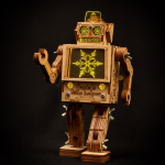 Tinselbot Christmas mini robot design object by Kootje Boef with snowflake display, LED lighting and re-recordable sound module on black background.